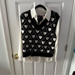 Heart Print Sweater and Shirt Combination